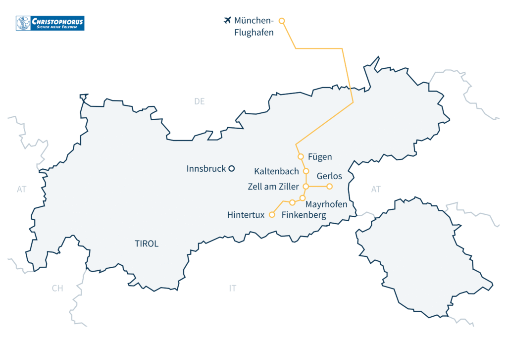 Flughafentransfer Route von München ins Zillertal