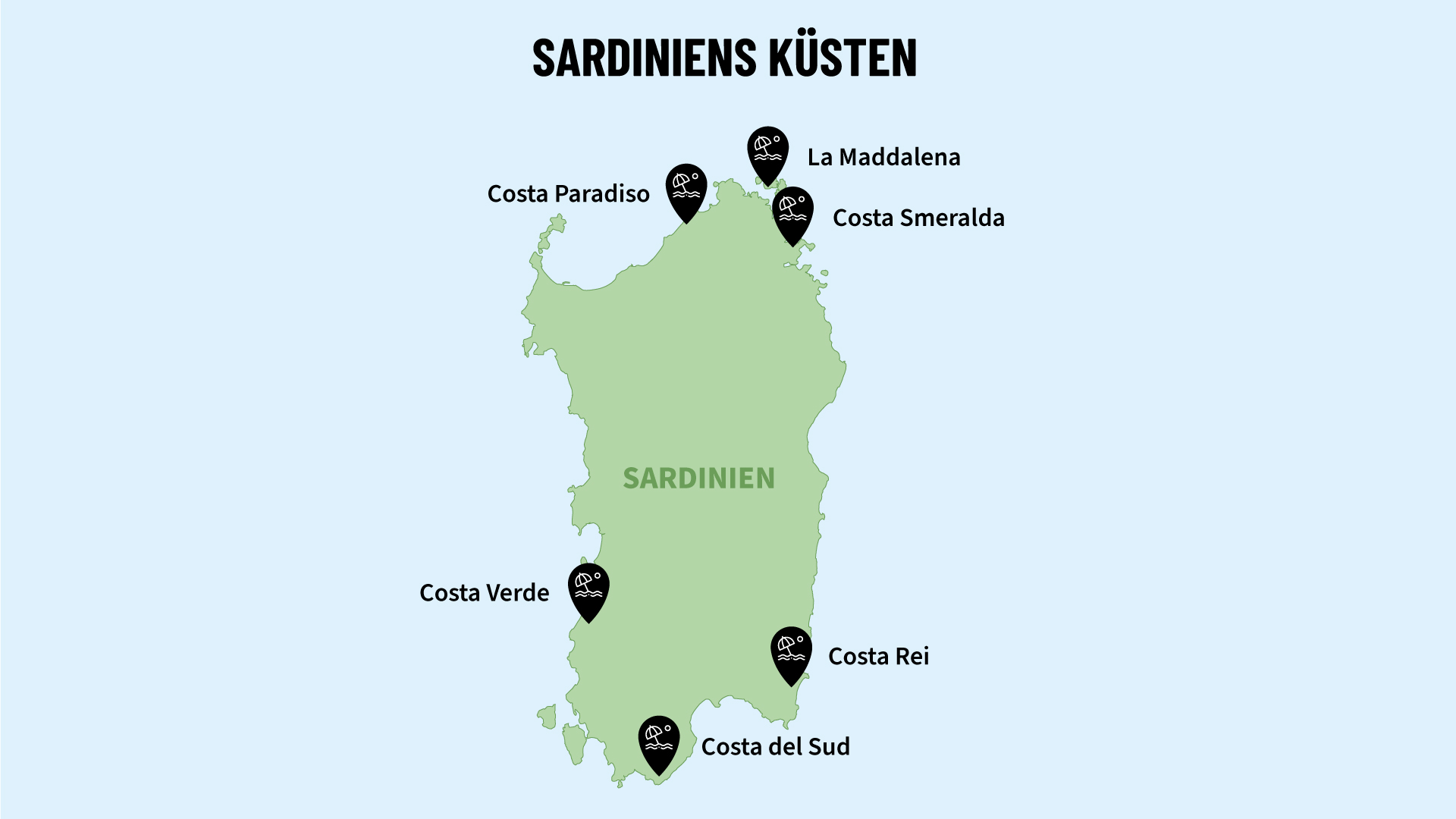 Küsten und Strände auf Sardinien - Karte